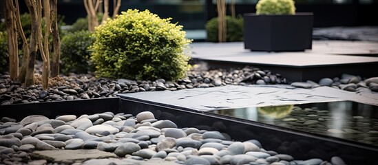 Stone elements adorn a modern houses yard and garden featuring a small square pond with gravel and water along with rocks