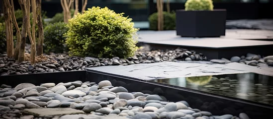Foto op Canvas Stone elements adorn a modern houses yard and garden featuring a small square pond with gravel and water along with rocks © 2rogan