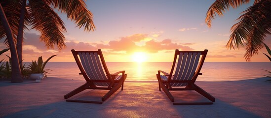Two sun loungers on a tropical beach at sunset - obrazy, fototapety, plakaty