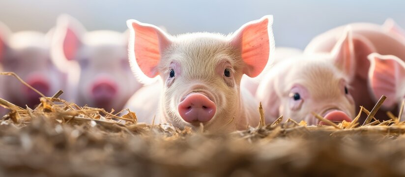 Pigs with smiling eyes are being raised for food on a farm or in a stable and ultimately sent to the slaughterhouse as part of the pork industry