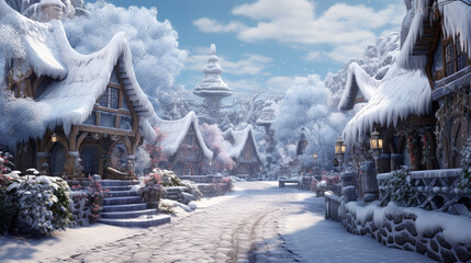fairy tale village with white snow. winter cartoon background