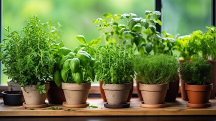 Different potted herbs on windows