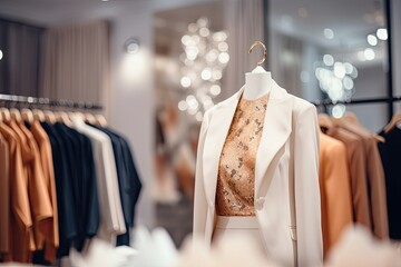 Fashion clothes in a trendy luxury boutique store, blurred background