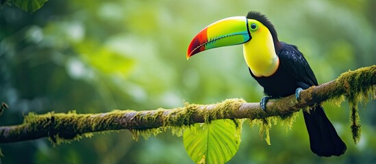 Nature travel in Central America to Boca Tapada Costa Rica where a colorful bird with a large bill perches on a forest branch amidst green vegetation