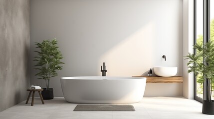 Modern hotel interior with tub, wash basin and window - obrazy, fototapety, plakaty