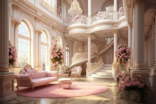 Luxury palace interior design with pink roses