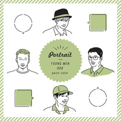 若い男性の似顔絵線画表情セット（カラー）