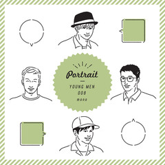 若い男性の似顔絵線画表情セット（モノクロ）