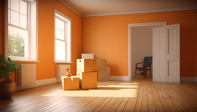 a room with empty boxes or a house move