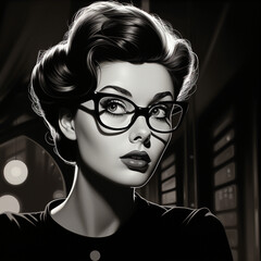 portrait of a woman in glasses posing as a secret agent in vintage illustration style