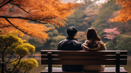 秋の公園のベンチに座るカップルの後姿 - obrazy, fototapety, plakaty