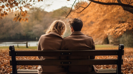 秋の公園のベンチに座るカップルの後姿