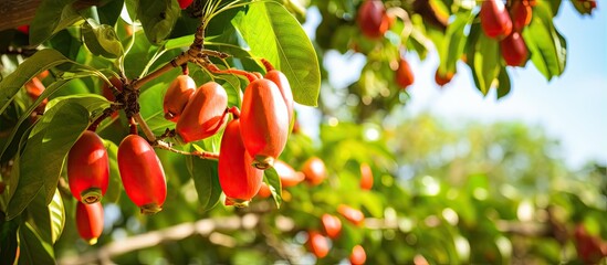 Ripe cashew fruit growing on farm trees