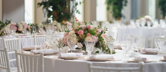 Traditional indoor wedding ceremony with flower arrangements and table decorations