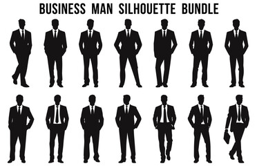 Set of Business Man vector silhouettes, Corporate male Black silhouette Bundle