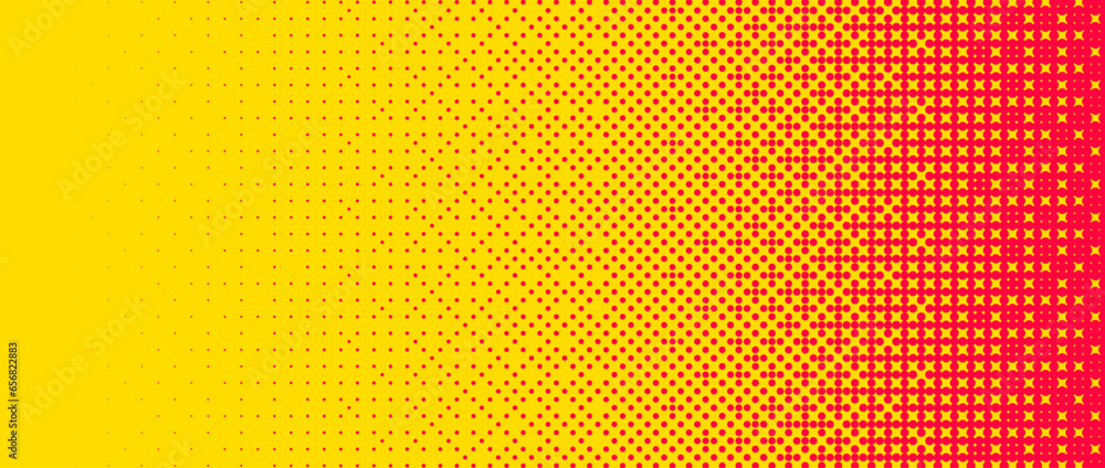 Fototapete Pixelated bitmap gradient texture. Yellow and orange dither pattern background. Abstract glitchy pattern. 8 bit video game screen wallpaper. Wide pixel art retro illustration. Vector backdrop