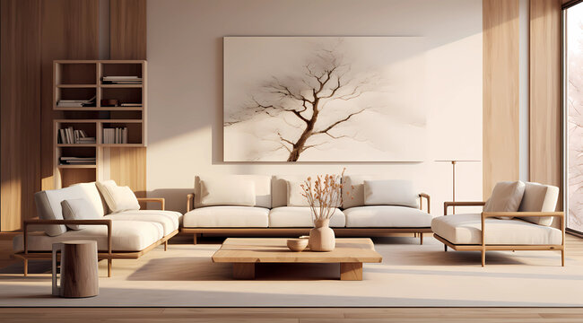 a living room made with white colors and wood furniture