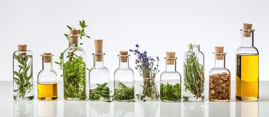 Eco lab producing natural products including essential oils and cosmetics with herbs on a white background - obrazy, fototapety, plakaty