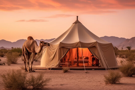 a tent on a desert with a camel 
