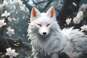 An Cute full white color Kitsune in Forest