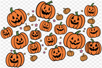 Hand drawn pumpkin seamless pattern in brush style isolated on  transparent PNG background. Perfect for Halloween party. Vector