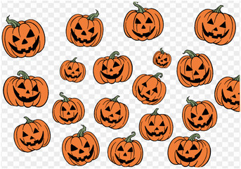 Hand drawn pumpkin seamless pattern in brush style isolated on  transparent PNG background. Perfect for Halloween party. Vector