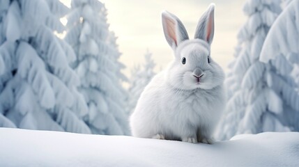 Curious Winter Bunny in a snowy forest during Christmas time