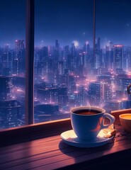 Cup of hot coffee or tea on table with cityscape and fireworks background. New Year's Eve concept. Generative Ai - obrazy, fototapety, plakaty