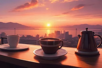 Plexiglas foto achterwand A cup of hot coffee or tea on the table with a beautiful view of the sunset in the background. Anime art style. Generative Ai © Iis_Suryani