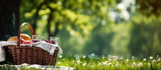 Picnic basket on a sunny summer day in the grassy park