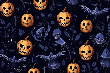 Halloween scarey pumpkin and skull seamless pattern design with other objects in dark background