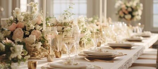 This photo exhibits the lovely table decor and floral arrangements in a wedding venue