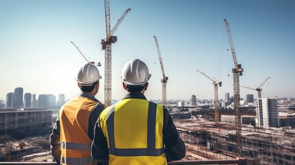 Construction worker and engineer wearing safety gear looking for blueprints in high rise building construction site with tower crane.