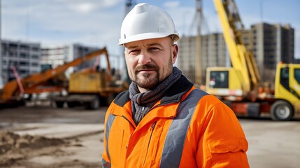 Portrait of a male foreman near a construction site, background inspecting various objects used in the foundation at a construction site.