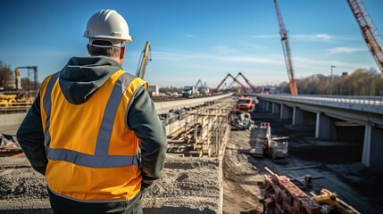 A real photo of The back of a male foreman inspects various objects at the construction site of new concrete roads and bridges that form the critical infrastructure of a big city. - obrazy, fototapety, plakaty