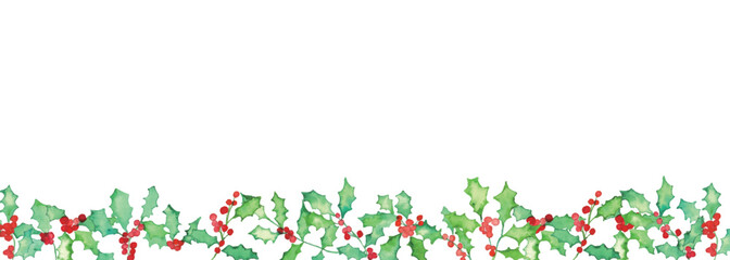 水彩画。水彩タッチのヒイラギのベクターフレーム。柊の葉っぱ背景。クリスマスフレーム。Watercolor painting. Vector frame of holly with watercolor touch. Holly leaves background. Christmas frame.