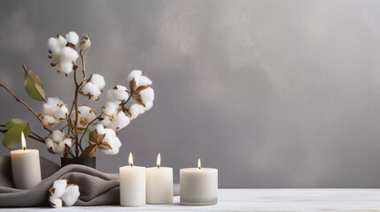 design for stylish table banner with cotton flowers and aroma candles near the wall