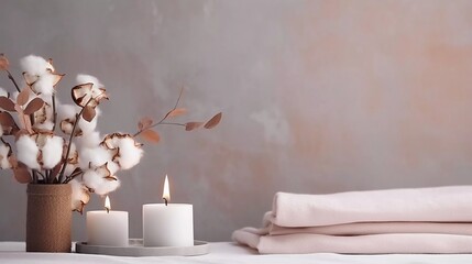 design for stylish table banner with cotton flowers and aroma candles near the wall - obrazy, fototapety, plakaty