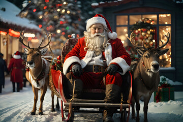 Santa Claus is sitting in his sleigh with his reindeer - obrazy, fototapety, plakaty