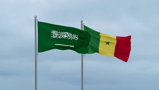 Republic of Senegal and Saudi Arabia flag waving together on cloudy sky, endless seamless loop, two country cooperation concept