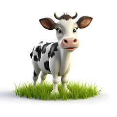Cartoon 3d cow in the grass field isolated on white 