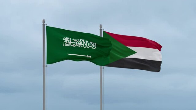 Sudan and Saudi Arabia flag waving together on cloudy sky, endless seamless loop, two country cooperation concept