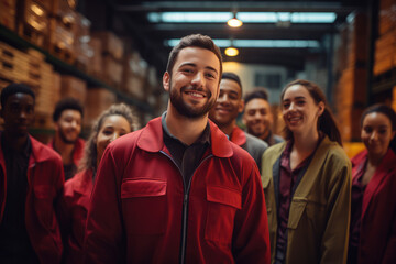 Delivery man in warehouse with his team behind