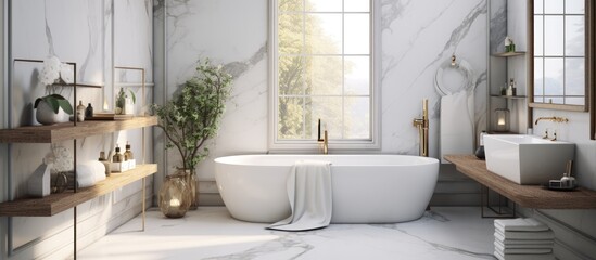 Elegant bathroom design featuring marble panels bathtub towels and modern accessories