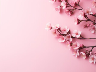 Pink background with flowers on a branch. Flat lay.