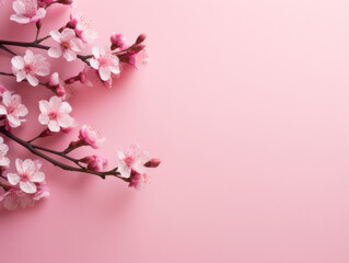 Pink background with flowers on a branch. Flat lay. Copy space.