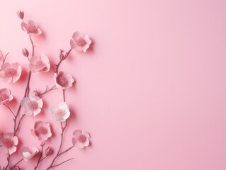 Fototapeta na wymiar Pink background with flowers on a branch. Flat lay. Copy space.