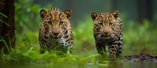 Crédence de cuisine en verre imprimé Léopard Male leopards in the Indian jungle during monsoon season Panthera pardus fusca