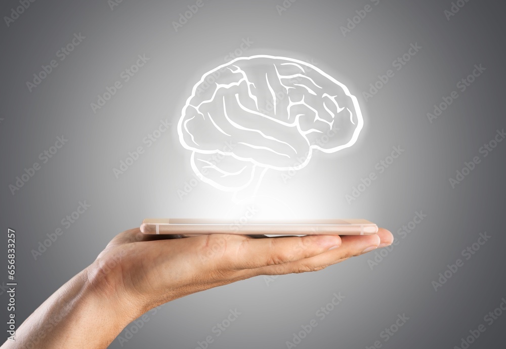 Poster ai concept.,hand with smartphone and virtual display