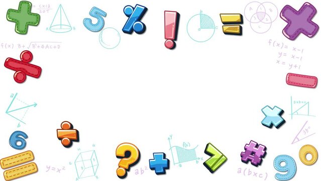 Background full of math signs and symbols with formula border frame template.